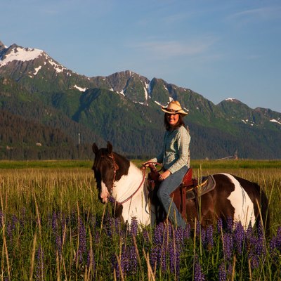 a man riding a horse in a field with a mountain in the background