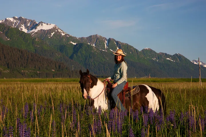 a man riding a horse in a field with a mountain in the background