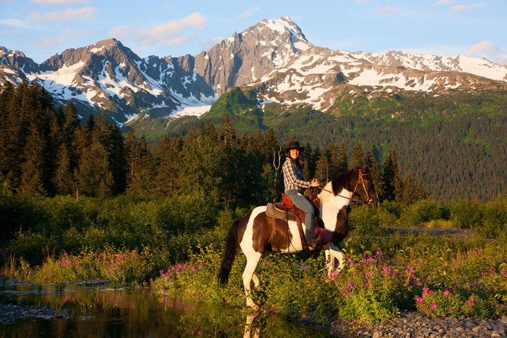 a man riding a horse in a field with a mountain in the background